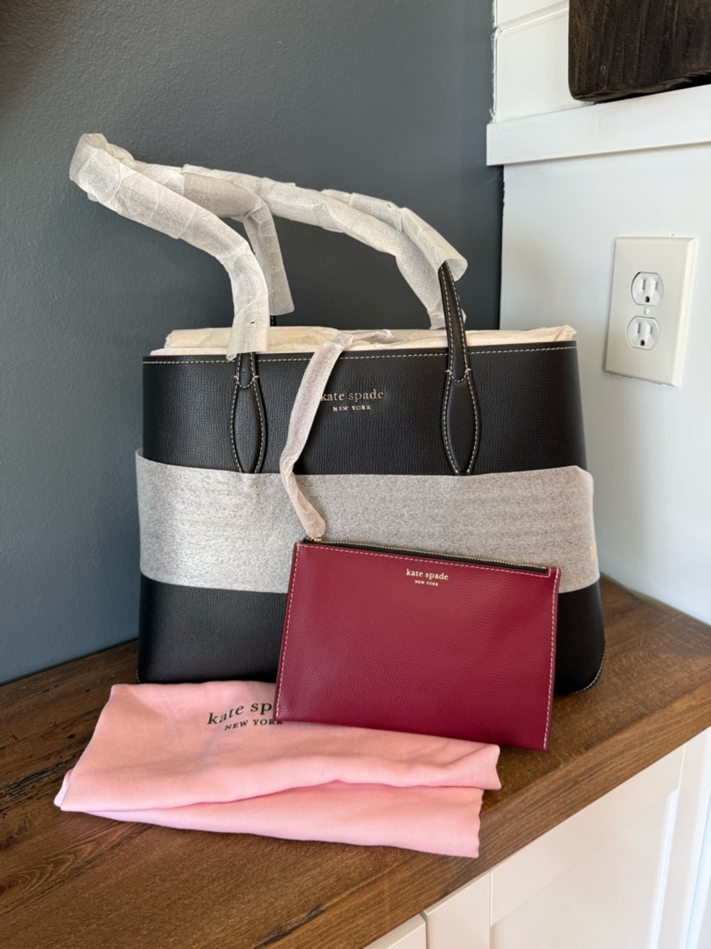 NWT Kate Spade Black Leather Tote with Burgundy Zip Pouch and Storage Bag